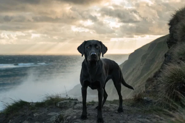 Black labrador retriever standing on a misty Atlantic coastline at dawn with dramatic clouds overhead