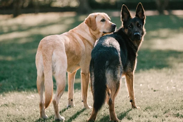 Labrador Retriever and German Shepherd standing side by side in a park