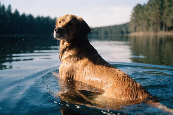 Golden retriever swimming in a sunlit lake with pine-forested shoreline in background