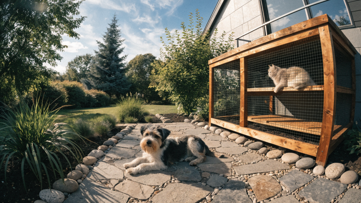 A beautifully landscaped backyard featuring a stone-paved, dig-proof dog area alongside a secure wooden catio.