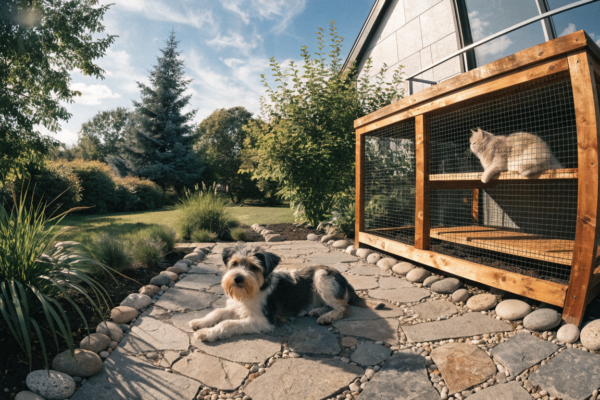 A beautifully landscaped backyard featuring a stone-paved, dig-proof dog area alongside a secure wooden catio.