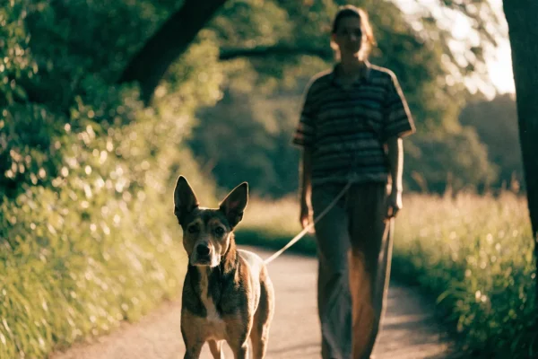 Dog walking calmly on a loose leash beside owner on a tree-lined path