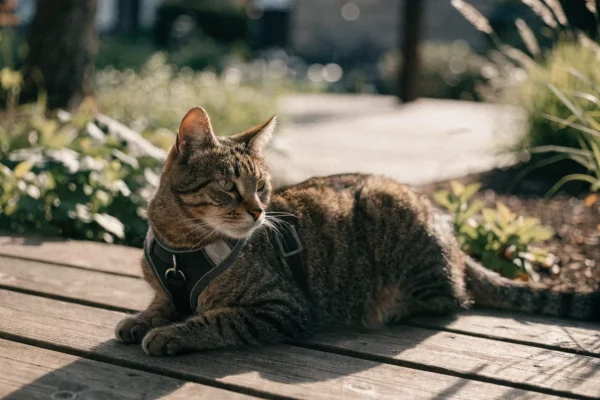Tabby cat in a harness sitting on a deck, ready for outdoor exploration