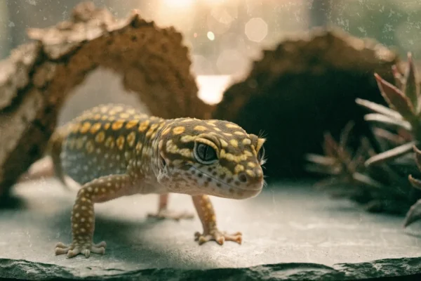 Yellow and white spotted leopard gecko standing on slate inside a warm naturalistic terrarium