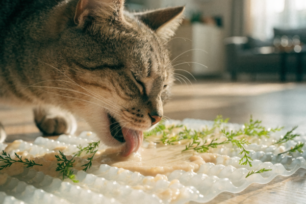 A close-up of a feline enjoying a lick mat topped with fresh green cat grass for behavioral enrichment.