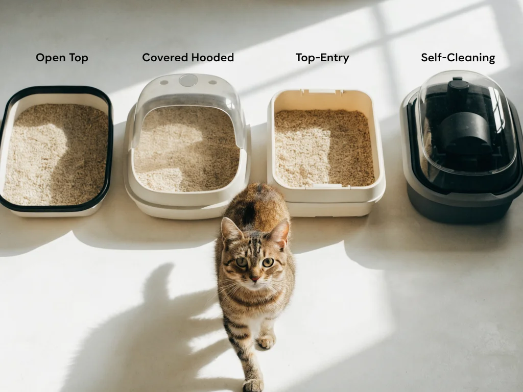 Four types of litter boxes compared side by side