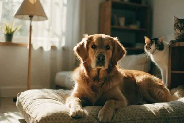 Golden retriever lying on a dog bed and two cats on elevated shelves in a cozy living room, all relaxed together