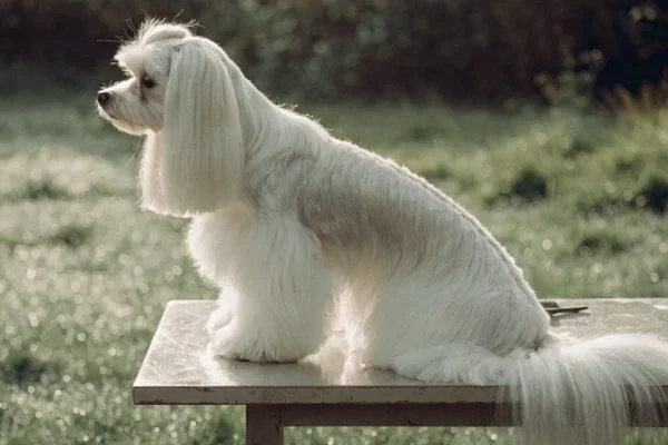 Maltese with full floor-length white silky coat on a grooming table in soft morning light