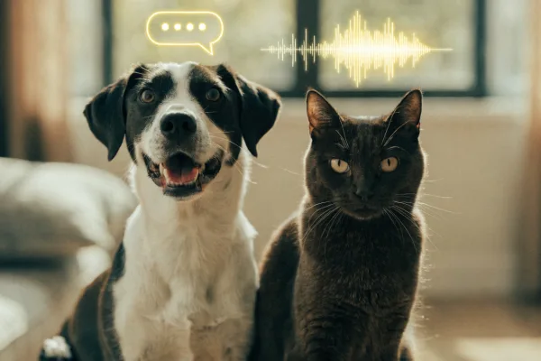 A dog and a cat sitting together with contrasting speech bubble and soundwave graphics, illustrating their unique communication styles.