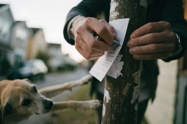 Hands posting lost pet flyer on telephone pole in suburban neighborhood