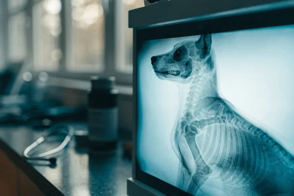 Canine chest X-ray displayed on a veterinary lightbox in a clinic