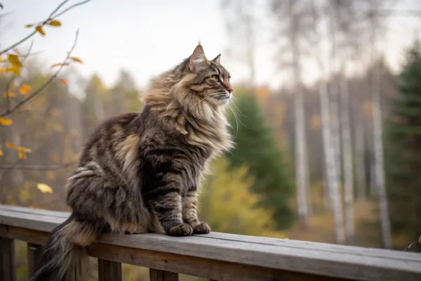 Adult Maine Coon cat with tufted ears and long tabby coat sitting on an outdoor deck railing