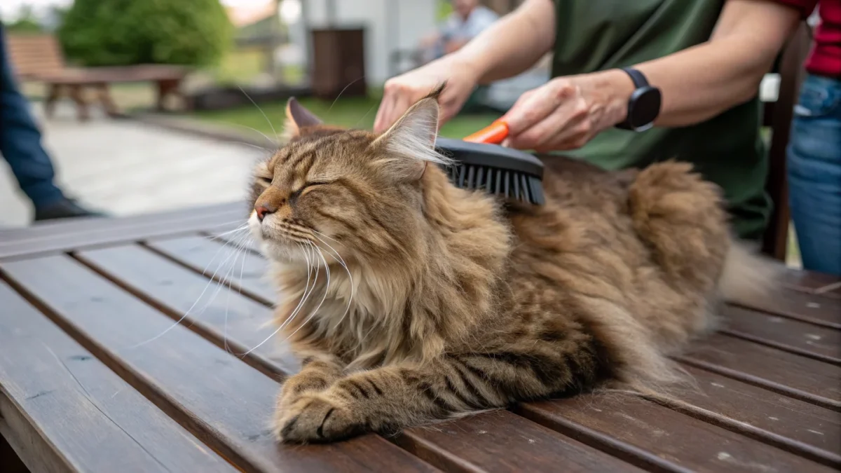 Maine Coon cat being groomed with a metal comb, coat texture visible in natural light