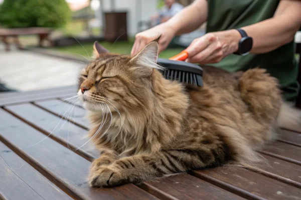 Maine Coon cat being groomed with a metal comb, coat texture visible in natural light