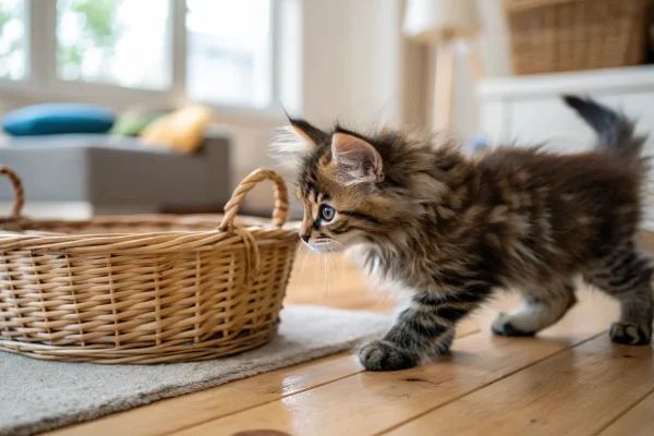 Fluffy brown tabby Maine Coon kitten exploring a wicker basket on a hardwood floor