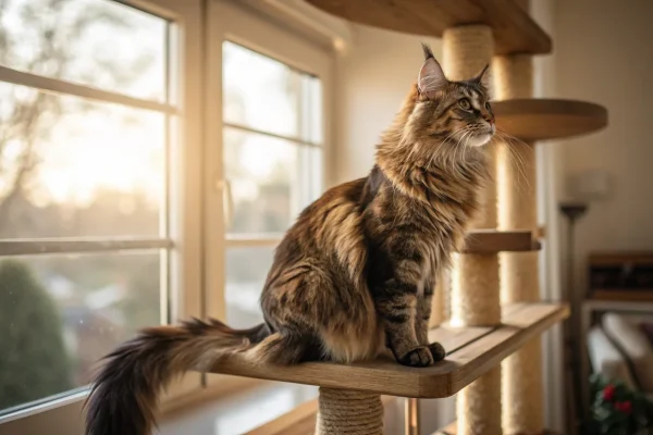 Brown tabby Maine Coon cat perched on a cat tree shelf near a sunlit window