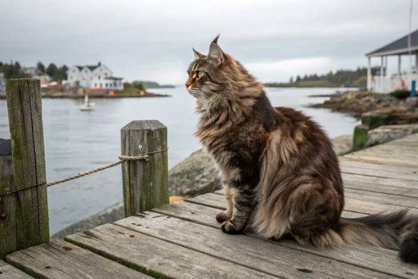 Maine Coon cat on a weathered dock with a New England coastal setting, evoking the breed's seafaring origin mythology