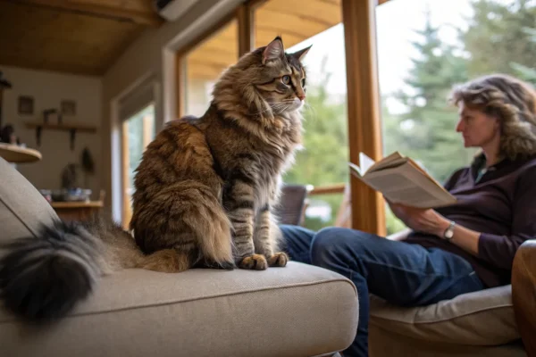 Maine Coon cat sitting attentively next to a person on a couch, showing its social temperament