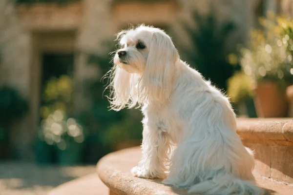 Maltese dog with flowing white coat sitting on a sunlit terracotta step with Mediterranean architecture in the background