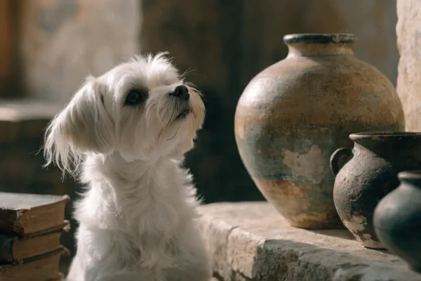 White Maltese sitting beside antique pottery and old books on a stone surface with warm amber window light