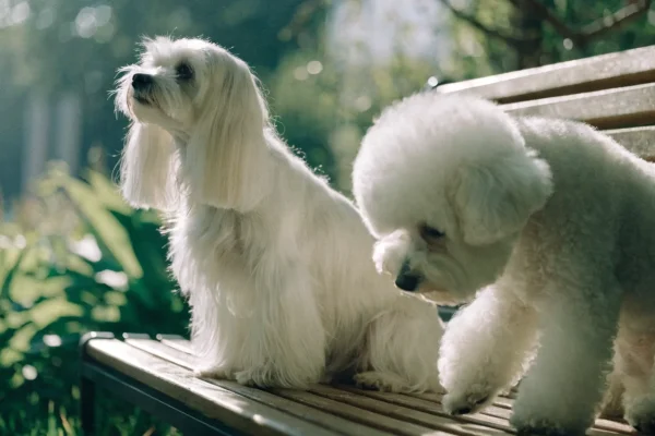 Maltese and Bichon Frise sitting together outdoors