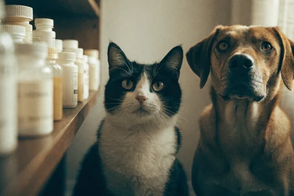 Cat and dog sitting beneath a shelf of medication bottles, looking up curiously