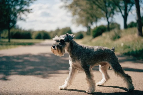 Miniature Schnauzer with wiry salt-and-pepper coat standing alert on a park path