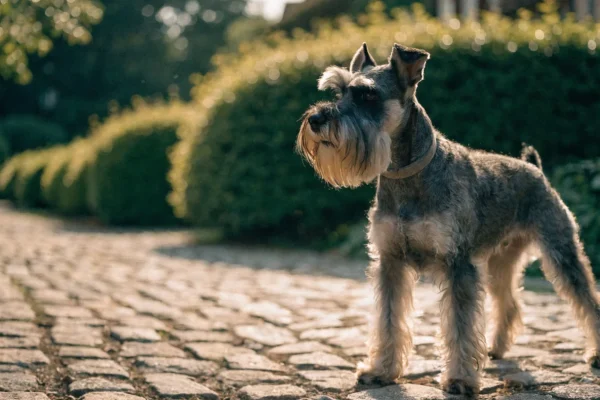 Salt-and-pepper miniature schnauzer standing alert on a cobblestone garden path at golden hour with prominent beard and eyebrows