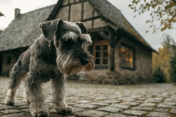 Miniature schnauzer sitting on cobblestones in front of a traditional German timber-framed farmhouse in autumn light
