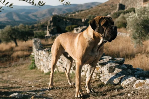 English Mastiff standing guard among ancient stone ruins on a Mediterranean hillside