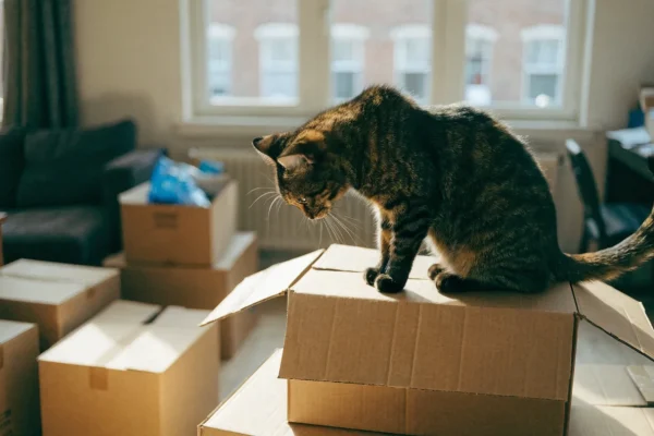 Tortoiseshell cat sitting on moving boxes in an apartment
