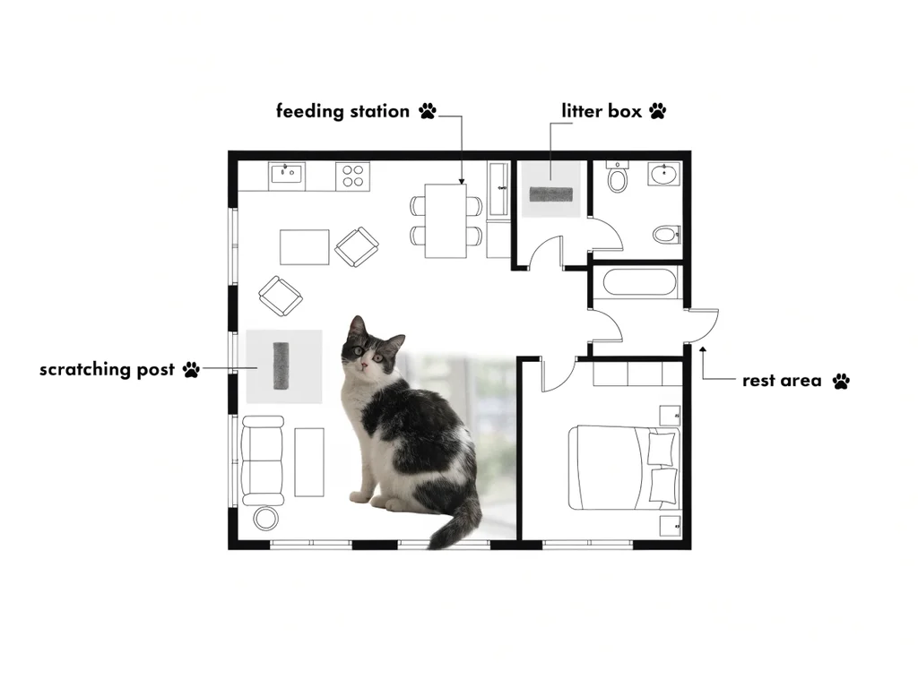 Home layout infographic showing recommended placement of resources in a multi-cat household