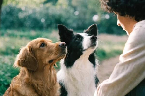 Two dogs sitting together during multi-dog training session outdoors