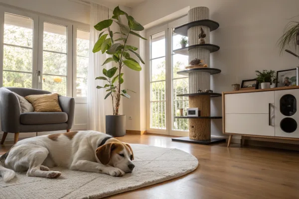 A dog rests on a living room rug while a cat lounges safely on a wall-mounted shelf above.