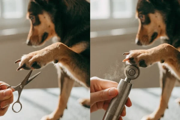 Two-panel comparison of a dog's paw with scissor clippers on one side and a rotary nail grinder on the other on a grooming table