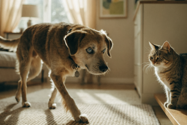 A blind senior dog and cat navigate their adapted home using tactile pathways and consistent furniture placement.