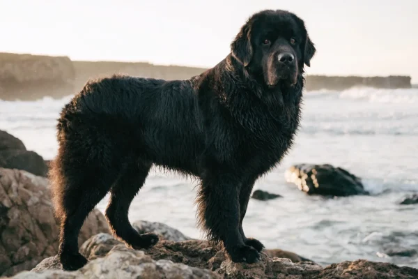 Black Newfoundland dog standing on a rocky Atlantic coastline at dawn with ocean waves in the background