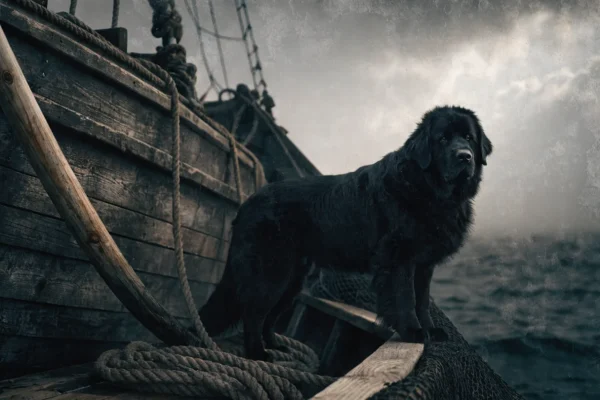 Newfoundland dog standing at the bow of a wooden fishing boat in foggy Atlantic conditions
