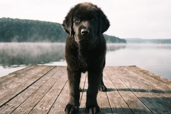 Newfoundland puppy standing on a wooden dock beside a lake