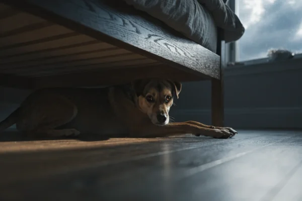 Dog hiding under bed during thunderstorm showing noise phobia behavior