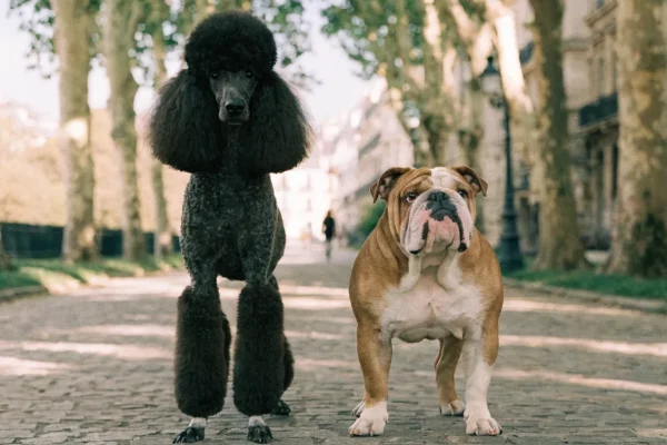 Standard Poodle and Bulldog standing together on a cobblestone path in a sunlit European park