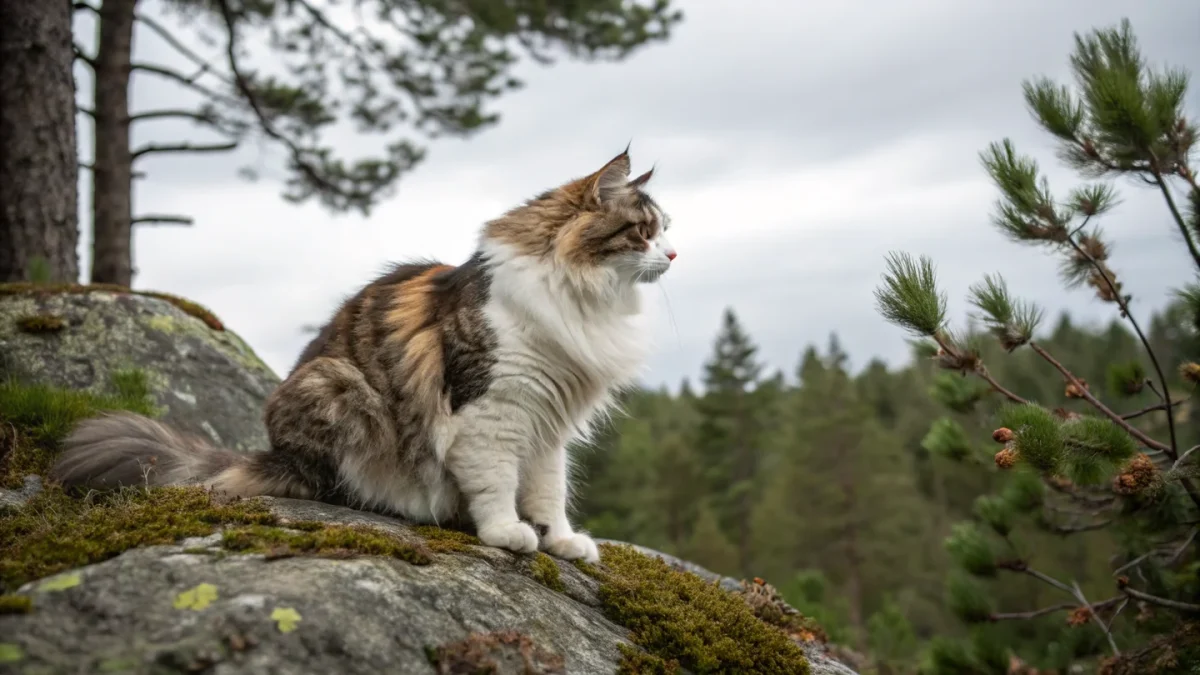 Norwegian Forest Cat with thick tufted double coat sitting on a mossy boulder in a forest setting