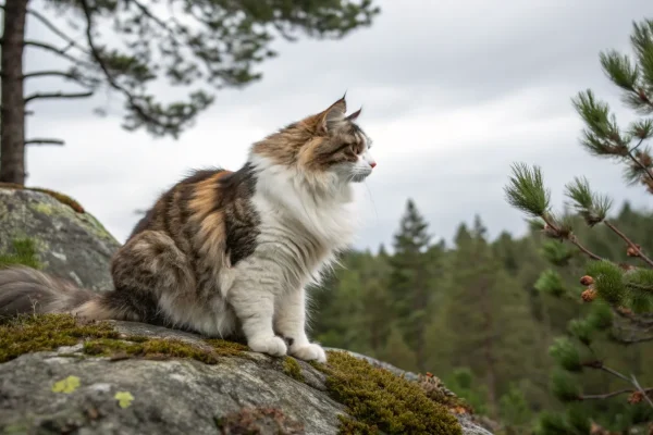 Norwegian Forest Cat with thick tufted double coat sitting on a mossy boulder in a forest setting