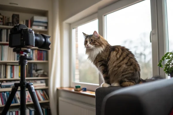 Norwegian Forest Cat sitting on a high bookshelf surveying the room with a relaxed alert posture