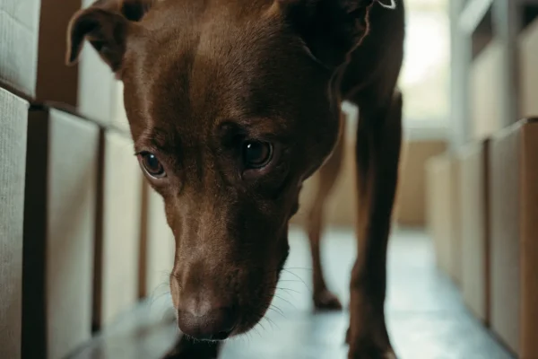 Dog searching through boxes during nose work training, nose low and focused