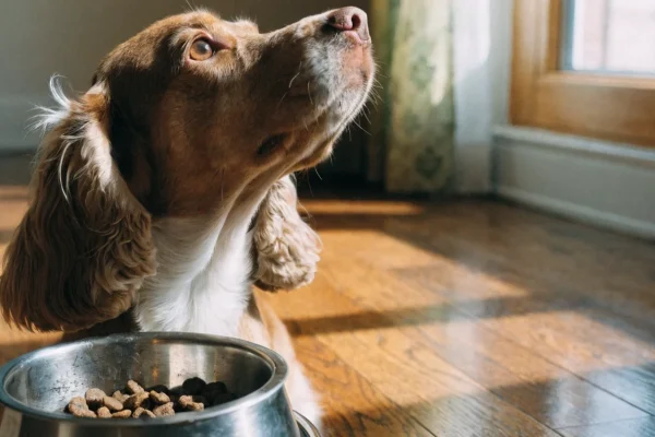 Cocker Spaniel sitting beside a bowl of limited-ingredient venison kibble, illustrating novel protein diet for food allergy management
