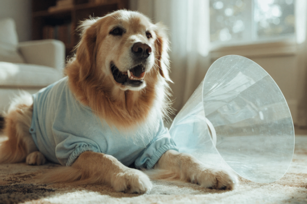 A comfortable dog wearing a soft recovery onesie sits beside a discarded plastic veterinary cone.