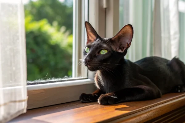 Oriental Shorthair cat with large ears resting on a sunlit windowsill