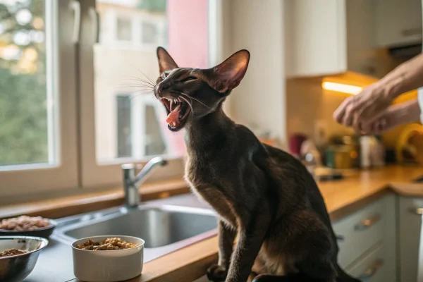 Oriental Shorthair cat vocalizing on a kitchen counter while owner prepares food