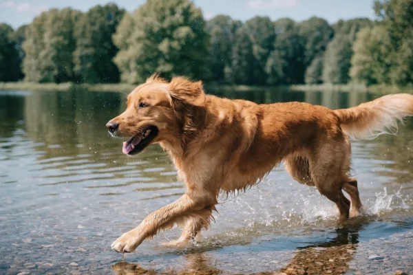 Dog running through shallow lake water on a sunny summer day